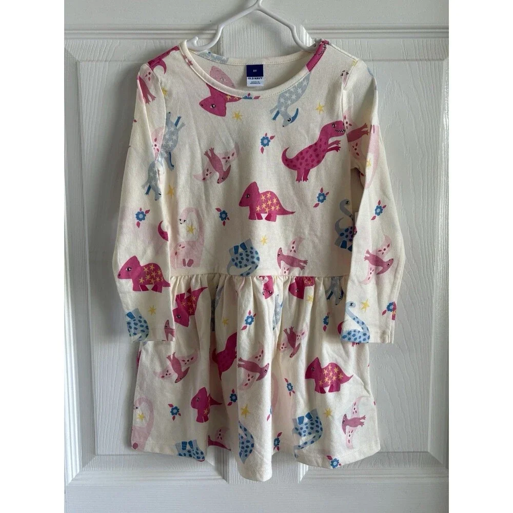 Toddler Girls 3T Ivory Dinosaur Print Fit & Flare Long Sleeve Dress Old Navy